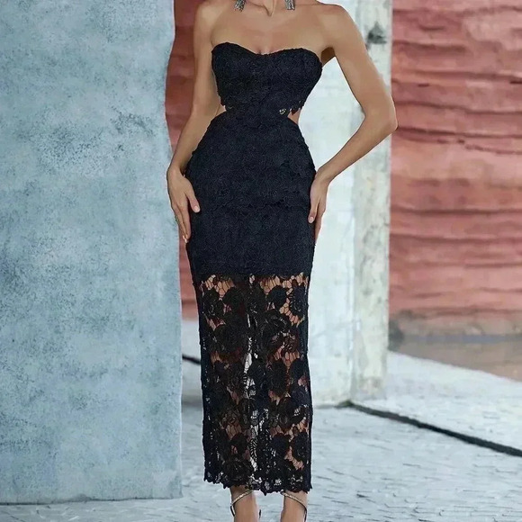 Black Women's Lace Double-Layered Hollow Out Backless Bandeau Formal Dress - Picture 1 of 5